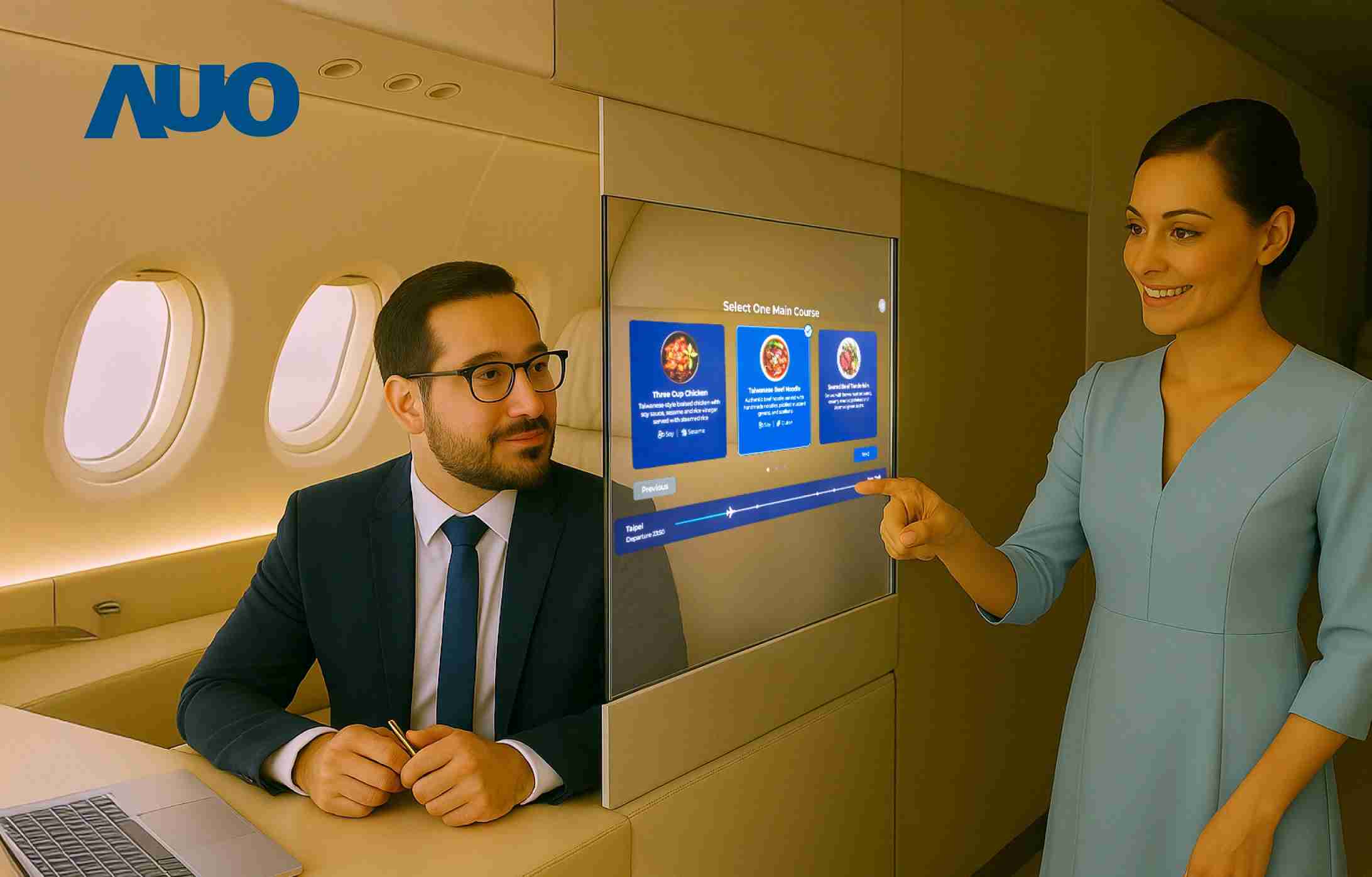 2468BET研发全球最薄17.3 吋双面透明 Micro LED 显示器，，可在同一屏幕之双边投射不同信息，，，，创造独特的”透明化”互动；图为实时翻译交流应用情境